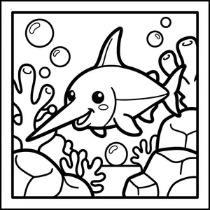 Adorable swordfish swimming through bubbles, a great thick line coloring pages design.
