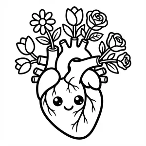 Cute anatomical heart with flowers blooming from it, designed as easy color-in pages wide lines and heavy outline coloring.
