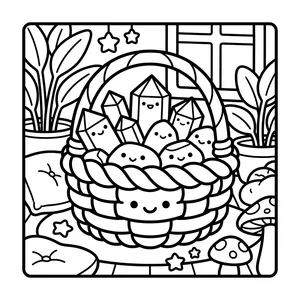 A basket filled with smiling crystals and rocks, designed as easy coloring pages for toddlers.