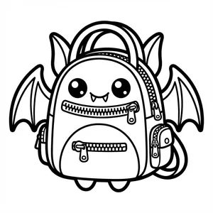 Cute bat-shaped backpack with zippers, a great simple thick line art design for beginner coloring pages.