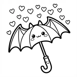 Bat-winged umbrella surrounded by hearts, designed as simple coloring pages with thick lines and heavy outline coloring.