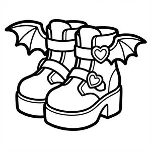 Bat Wing Boots Coloring Page Spooky boots with bat wings and heart buckles, perfect for chunky line art coloring and thick line coloring pages.