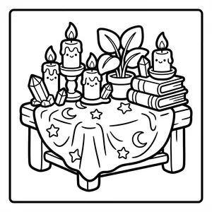Candle altar with crystals and books, perfect for thick line coloring pages and stress relief relaxing coloring pages.