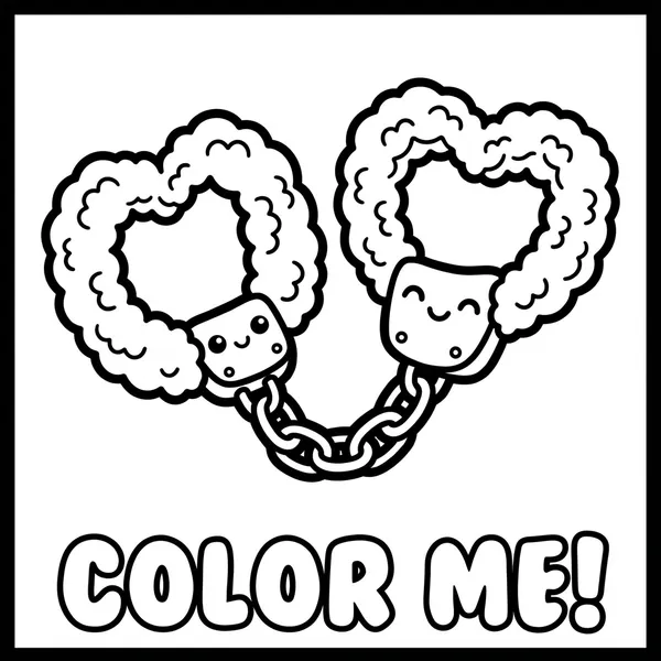 Pair of fluffy, heart-shaped handcuffs with kawaii faces and a chain, with text COLOR ME!.