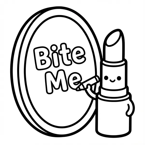 Kawaii lipstick holding a pencil writing "Bite Me" on an oval mirror.