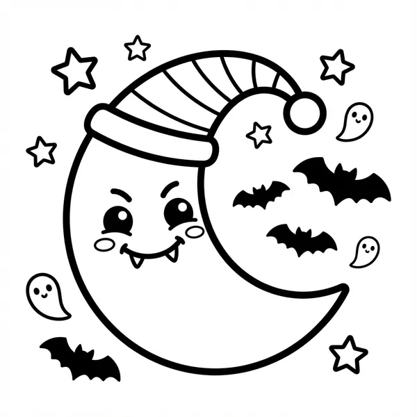 A crescent moon with a vampire face wearing a nightcap, surrounded by bats, ghosts, and stars.