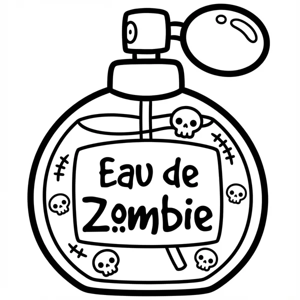 A round perfume bottle with a skull atomizer, cross stitches, small skulls, and a label reading Eau de Zombie.