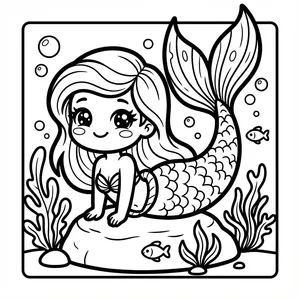 A sweet chibi mermaid with big eyes sitting gracefully on a rock underwater, with floating bubbles, seaweed, a tiny fish, and a beautifully detailed scaled tail.