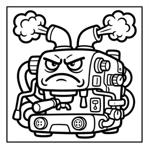 Grumpy espresso coffee maker machine monster with dual steam pipes, knobs, portafilter, and puffing steam clouds.