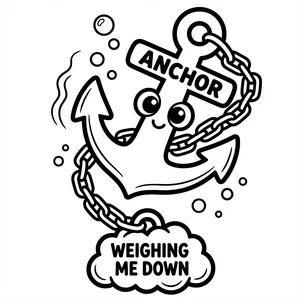 Kawaii anchor character underwater with chain attached to a cloud labeled WEIGHING ME DOWN.