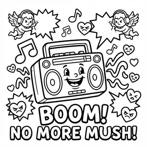 Retro cartoon boombox blasting music with angry cupids in headphones labeled BOOM! NO MORE MUSH!.