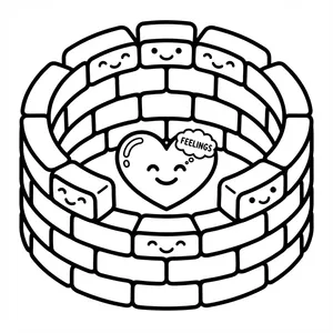 Kawaii heart protected inside a round brick wall with smiling bricks and a thought bubble labeled FEELINGS.
