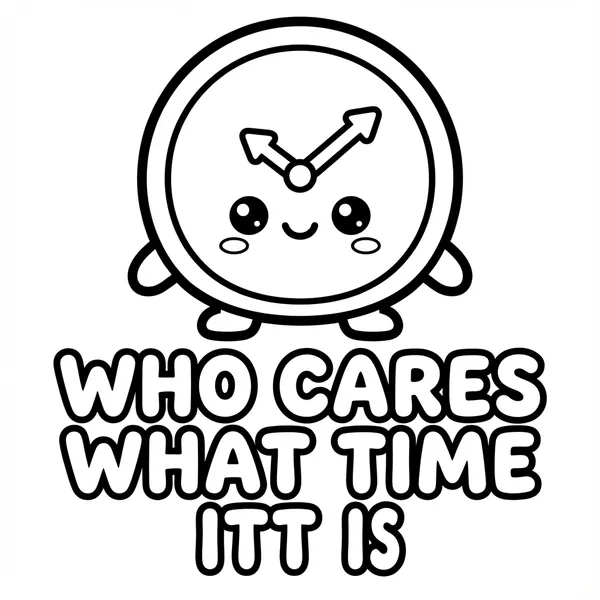 Kawaii clock character standing above text reading WHO CARES WHAT TIME IT IS.