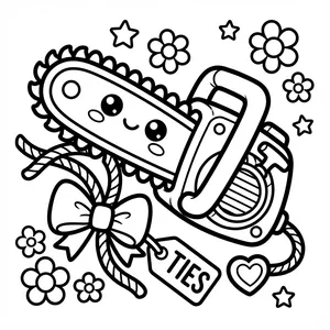 Kawaii chainsaw character with a happy face cutting a rope ribbon tagged TIES surrounded by flowers.