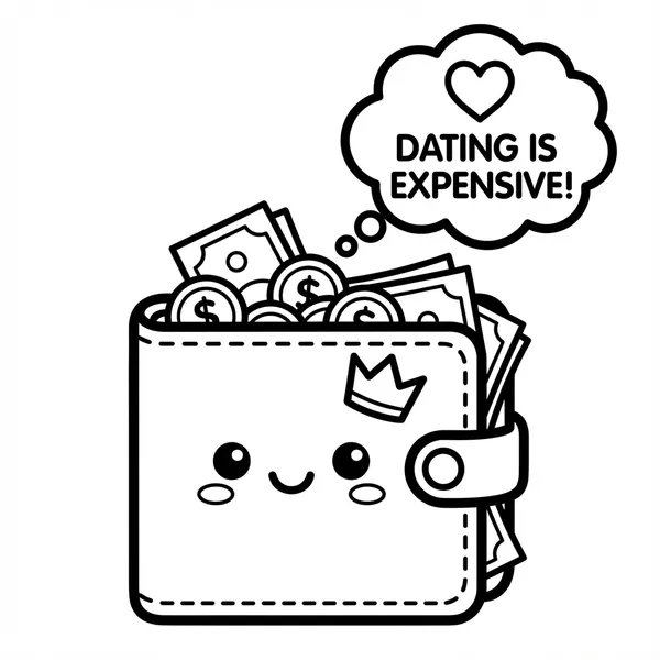 Kawaii wallet full of money thinking DATING IS EXPENSIVE! for Anti-Valentine's Day coloring.