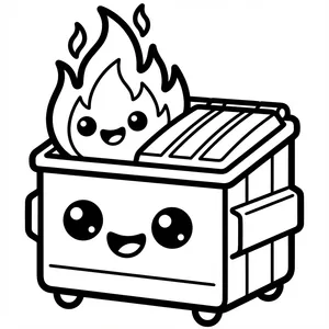 Funny kawaii dumpster fire coloring page featuring a smiling dumpster on wheels with a friendly flame.