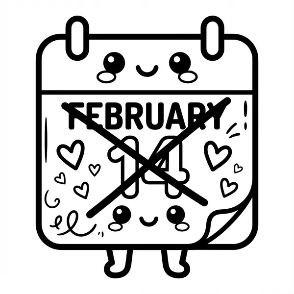 Kawaii calendar character with February 14 crossed out with a big black X for Anti-Valentine's Day coloring.