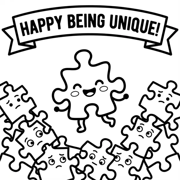 Kawaii puzzle piece character jumping happily above sad puzzle pieces with a banner reading HAPPY BEING UNIQUE!.