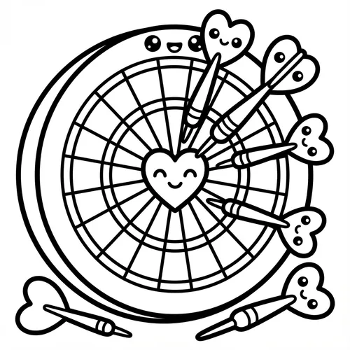 Kawaii dartboard with heart-shaped darts hitting the bullseye.