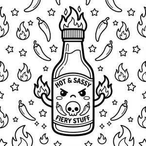 Angry kawaii hot sauce bottle with flaming cap labeled HOT & SASSY FIERY STUFF surrounded by chili peppers.