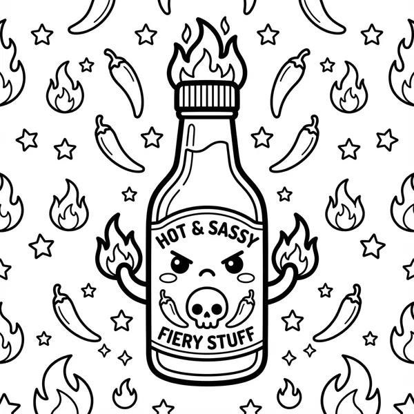 Angry kawaii hot sauce bottle with flaming cap labeled HOT & SASSY FIERY STUFF surrounded by chili peppers.