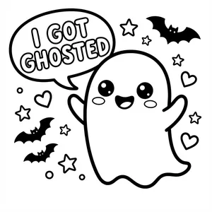 Kawaii ghost character smiling with arms open and a speech bubble reading I GOT GHOSTED surrounded by bats.
