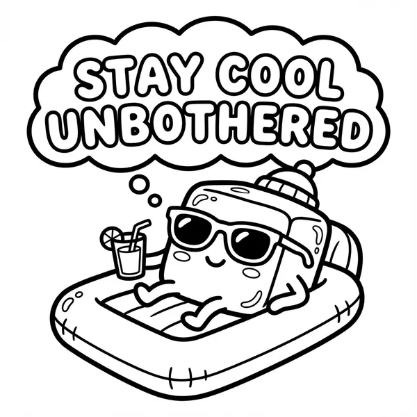 Kawaii ice cube wearing sunglasses lounging on a pool float with a drink thinking STAY COOL UNBOTHERED.