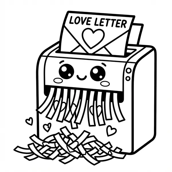 Kawaii paper shredder machine shredding a LOVE LETTER envelope into heart-patterned strips.