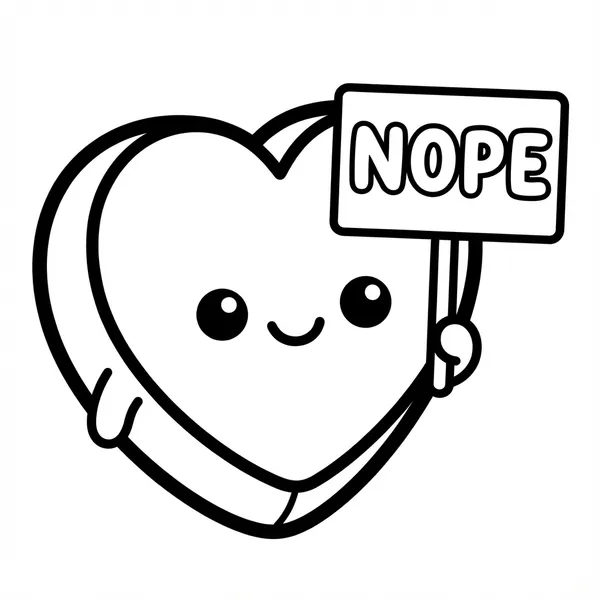 Simple kawaii heart character holding up a sign that reads NOPE for Anti-Valentine's Day coloring.