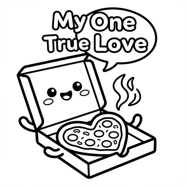Kawaii pizza box with a speech bubble reading My One True Love framing a heart-shaped pizza inside.