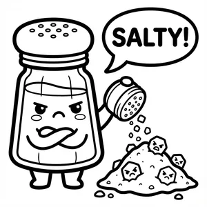 Grumpy kawaii salt shaker pouring out angry salt crystals with a speech bubble reading SALTY!.