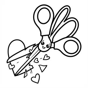 Kawaii pair of scissors smiling while cutting a paper heart into pieces for Anti-Valentine's Day coloring.