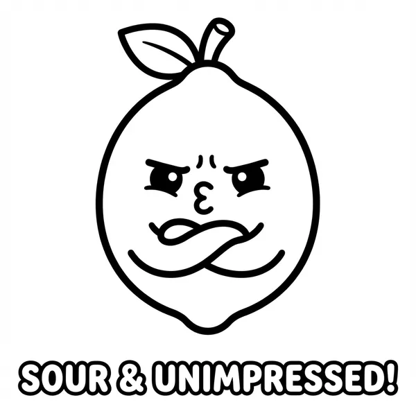 Kawaii lemon character with arms crossed and grumpy face labeled SOUR & UNIMPRESSED coloring page.
