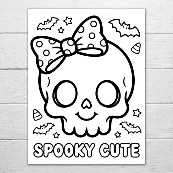 Cute kawaii skull wearing a polka dot bow surrounded by bats with text reading SPOOKY CUTE.