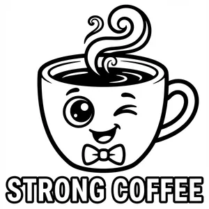 Winking kawaii coffee cup wearing a bow tie with text reading STRONG COFFEE for Anti-Valentine coloring.