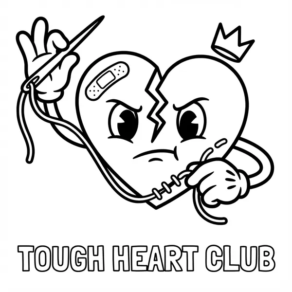 Retro cartoon coloring page of an angry broken heart with a band-aid stitching itself together with needle and thread under the text TOUGH HEART CLUB.