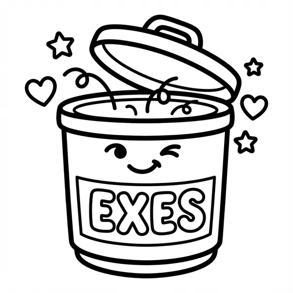 Black and white Anti-Valentine's Day coloring page featuring a cute winking trash can labeled EXES surrounded by hearts and stars.