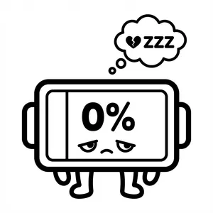Kawaii battery character with 0% charge and a thought bubble showing a broken heart and ZZZ.