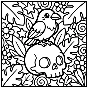 Cute bird perched on a skull, designed as easy color-in pages wide lines and cute bold coloring pages.