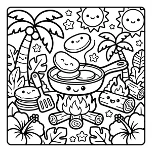 A frying pan with smiling pancakes cooking over a campfire, with a spatula, palm trees, a smiling log, and a happy sun in the sky.