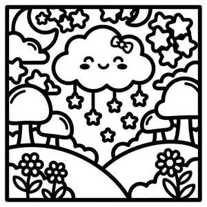 Cloud with Hanging Stars Coloring Page Happy cloud with hanging stars and mushrooms, a perfect easy color-in pages wide lines choice.