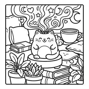 Cute cat incense burner emitting cosmic smoke.