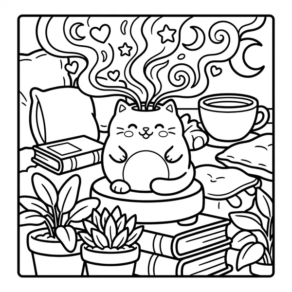 Cute cat incense burner emitting cosmic smoke.