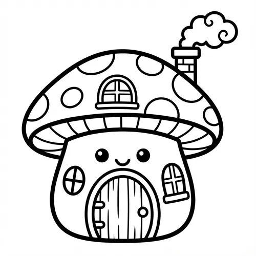 Cute smiling cottagecore mushroom house line art with a spotted cap, arched wooden door, windows, and a brick chimney puffing curly smoke.