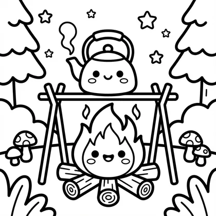 A cozy autumn campfire coloring page for adults: a smiling campfire heating a tea kettle under a starry pine forest.