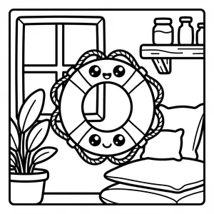 Cute rope lifebuoy with a smiling face, hanging on a wall in a cozy room with a plant, pillows, and a shelf of jars.
