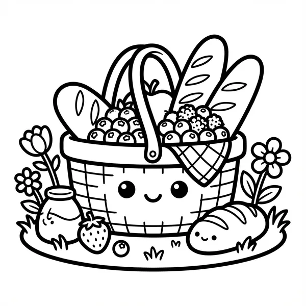 Cute smiling woven picnic basket filled with fresh baguettes, berries, jam jar, and flowers line art coloring page.