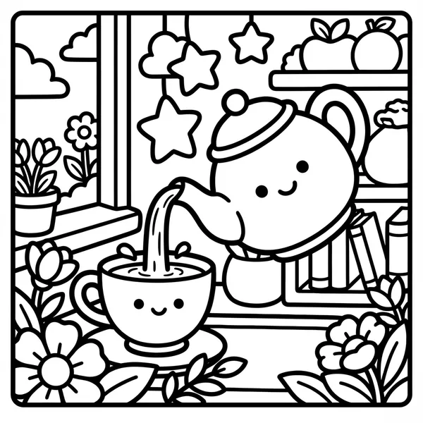 A cute teapot pouring tea into a happy cup, surrounded by hanging star and cloud decorations, books, apples, flowers, and a bright sunny window.