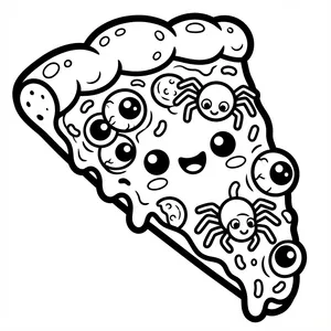 Creepy Pizza Slice Coloring Page Spooky pizza slice with eyeballs and spiders.
