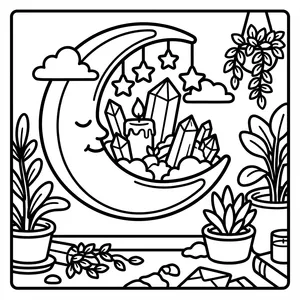 Crescent Moon with Crystals Coloring Page Magical crescent moon holding crystals and a candle.